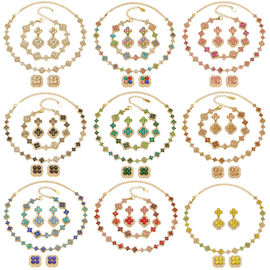 316L stainless steel 18K gold PVD full zircon four leaf clover jewelry set on white background