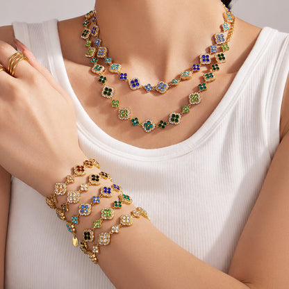 Layered four leaf clover zircon necklace and bracelet set for waterproof stainless steel jewelry wholesale