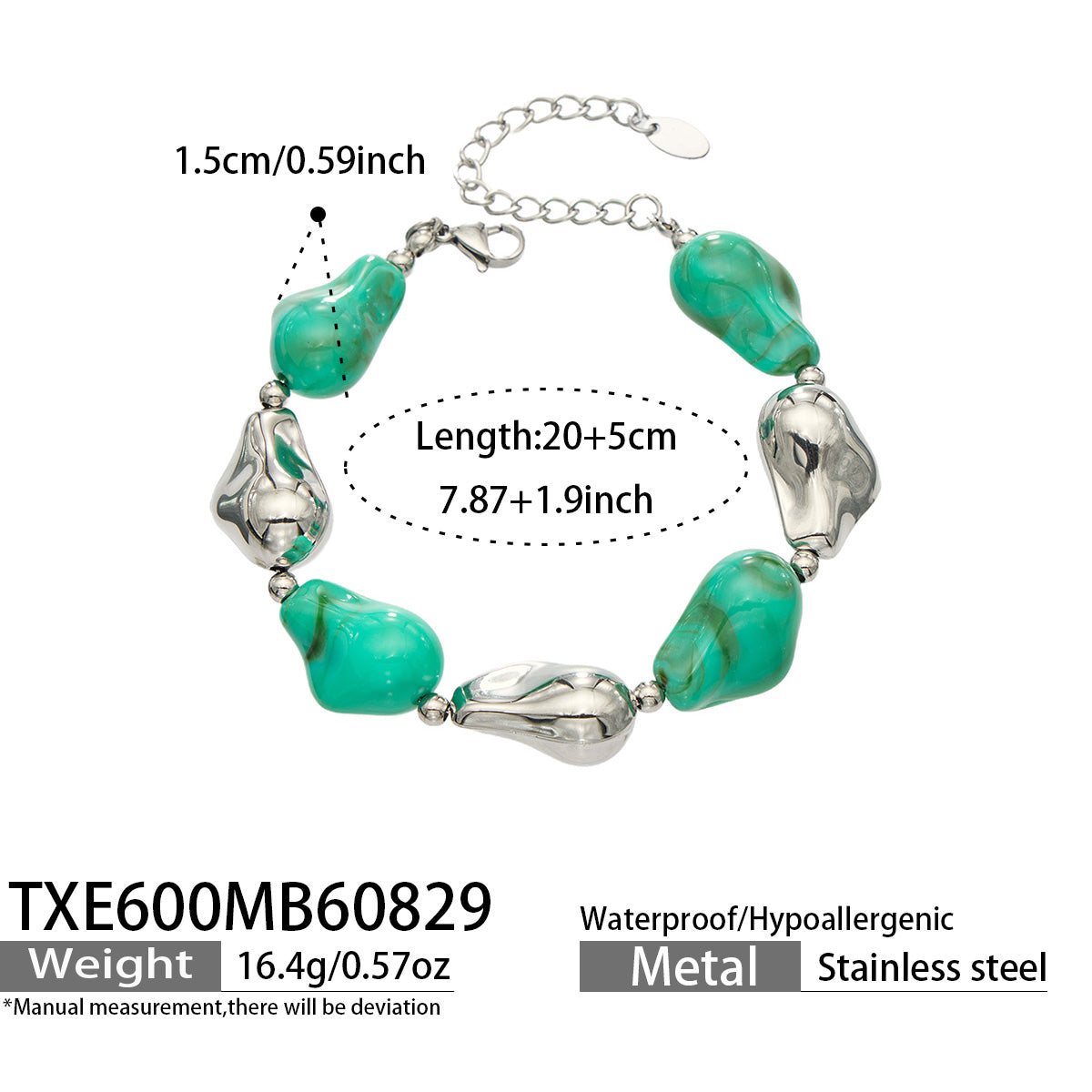 TXE600 green resin bracelet with polished steel finish size and product details