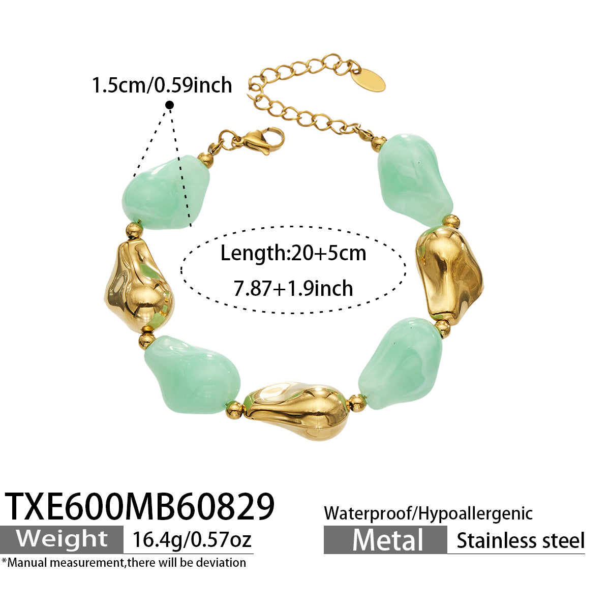 TXE600 light green resin bracelet with gold finish size and product details