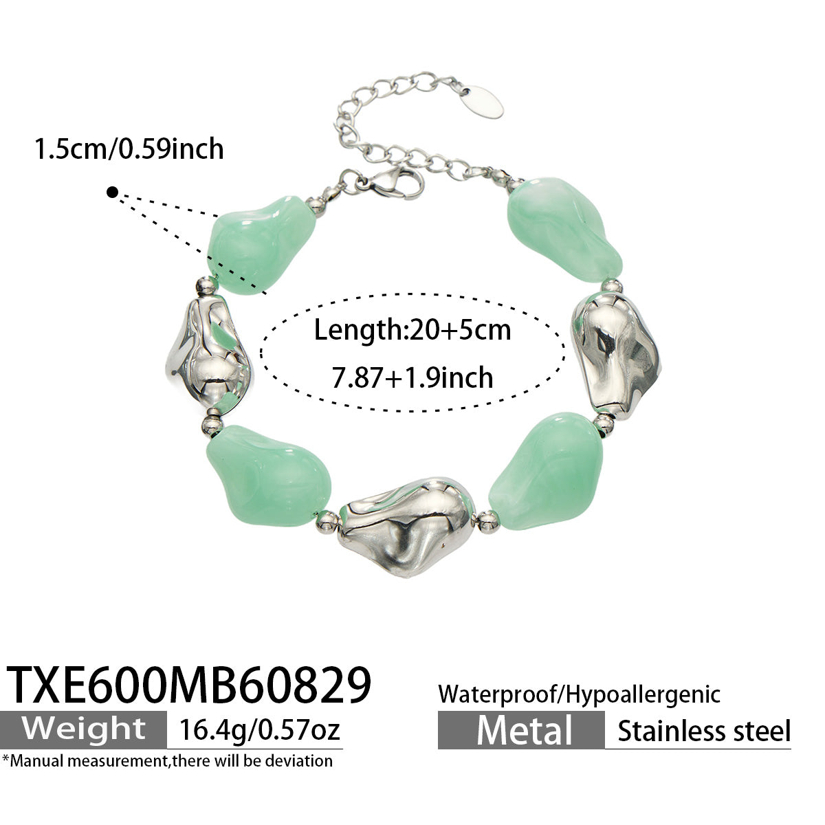 TXE600 light green resin bracelet with polished steel finish size and product details