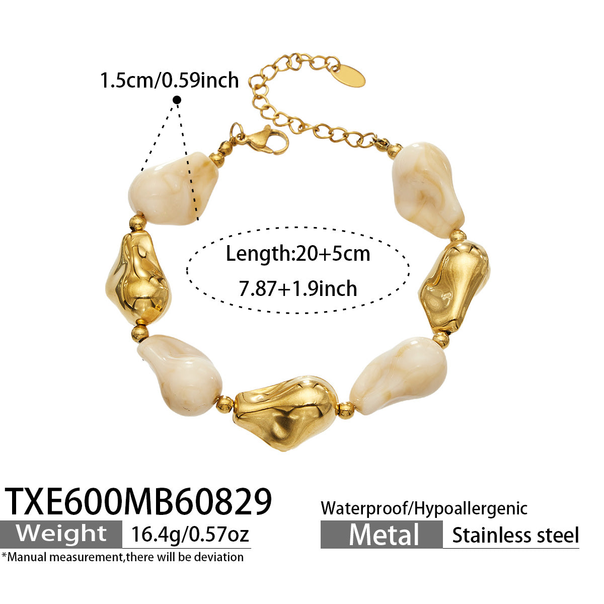 TXE600 neutral resin bracelet with gold finish size and product details