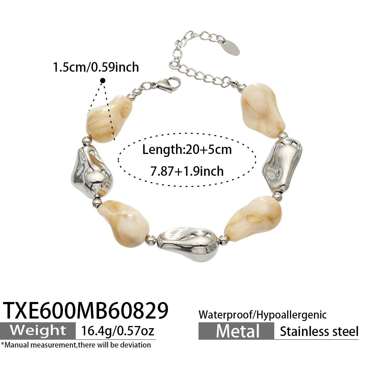TXE600 neutral resin bracelet with polished steel finish size and product details