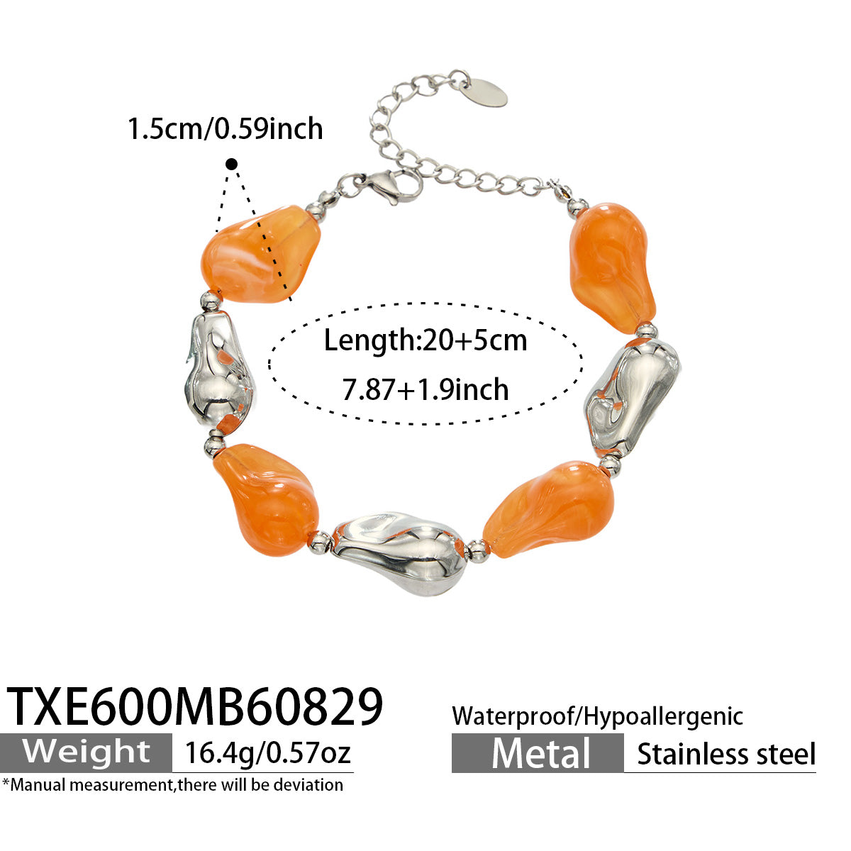 TXE600 orange resin bracelet with polished steel finish size and product details