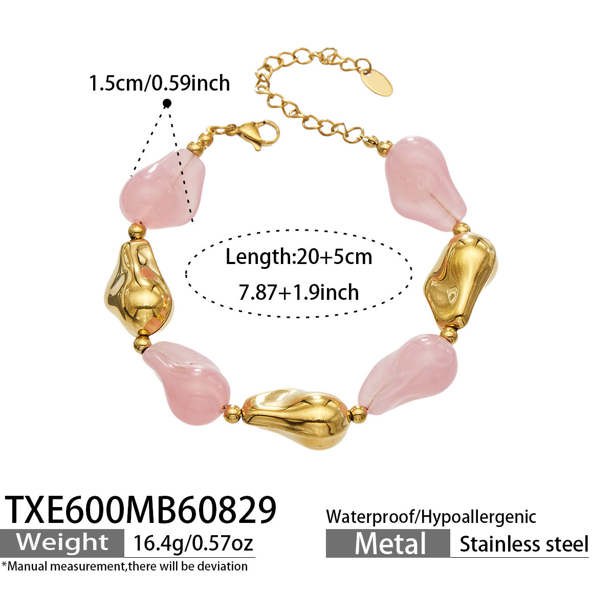 TXE600 pink resin bracelet with gold finish size and product details