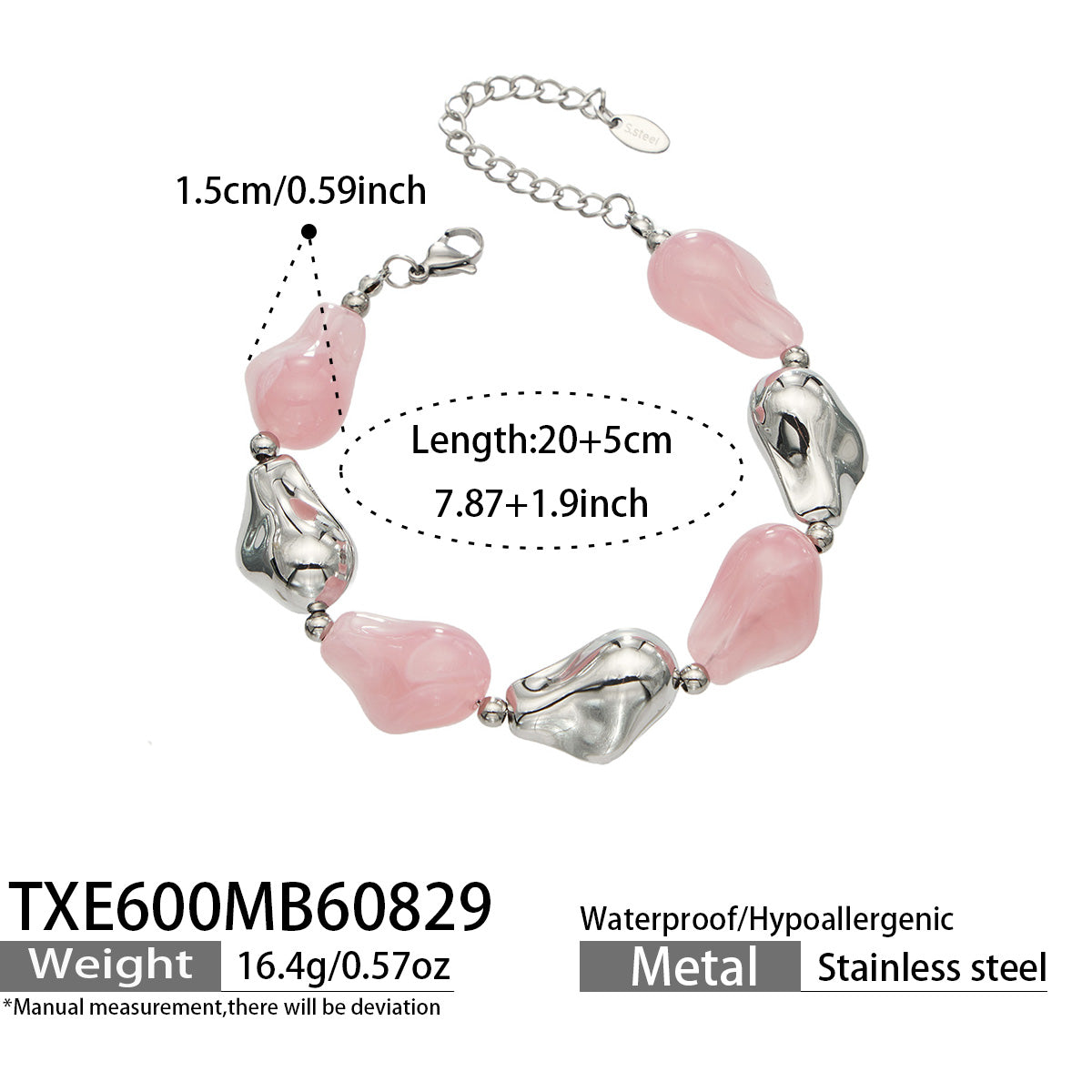 TXE600 pink resin bracelet with polished steel finish size and product details