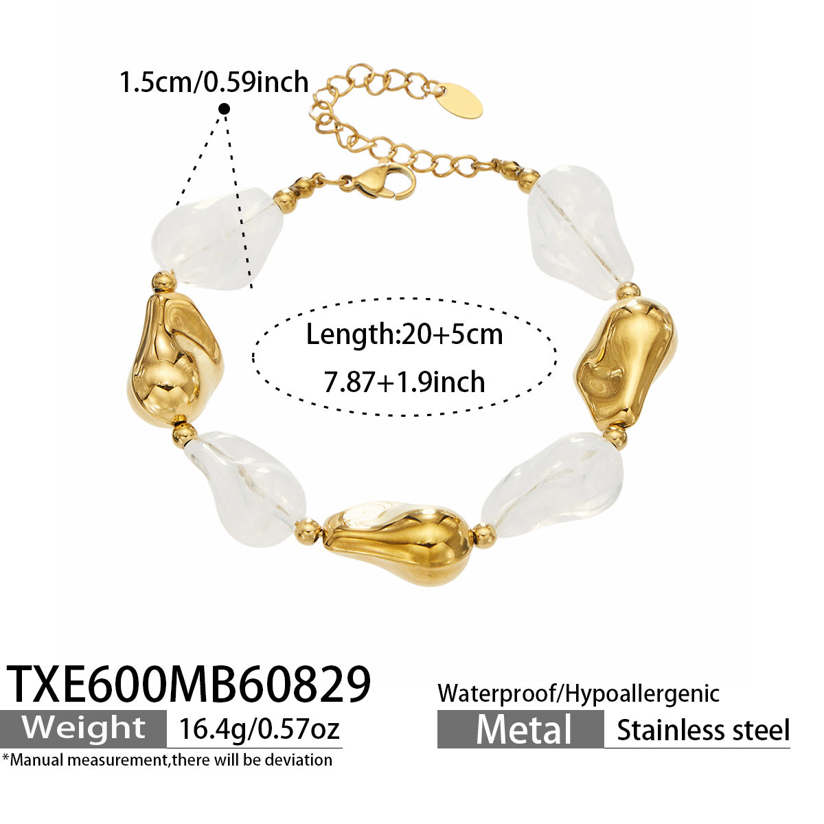 TXE600 white resin bracelet with gold finish size and product details