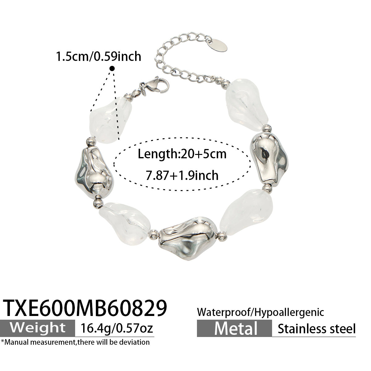 TXE600 white resin bracelet with polished steel finish size and product details