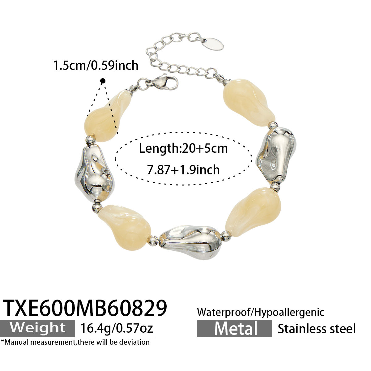 TXE600 yellow resin bracelet with polished steel finish size and product details
