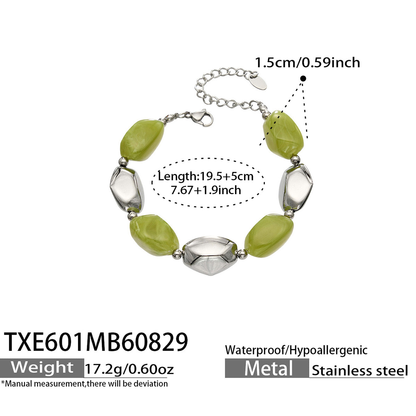 TXE601 green resin bracelet with polished steel accents and product measurements