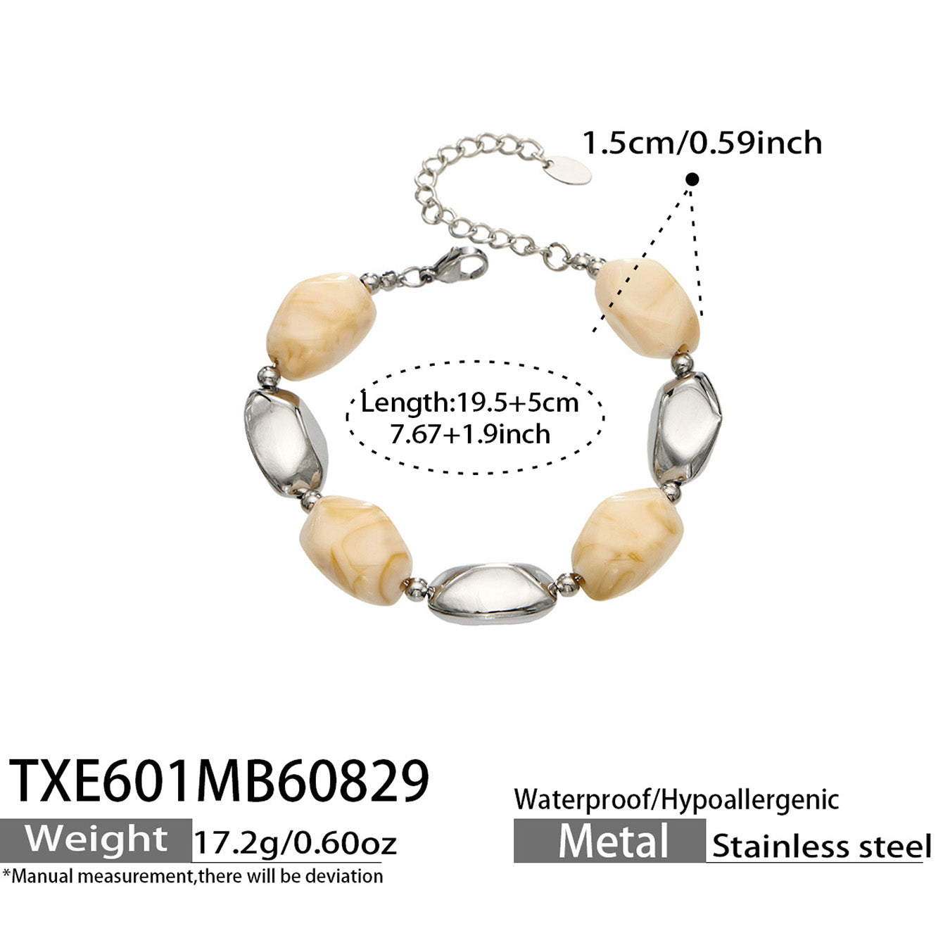 TXE601 neutral resin bracelet with polished steel metal accents and size details