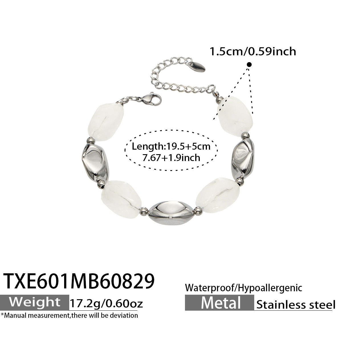 TXE601 white resin bracelet with polished steel finish and adjustable length details