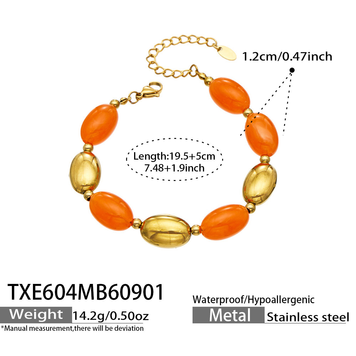 TXE604 Orange Resin Gold bracelet with oval resin beads, 18K PVD gold finish, 19.5+5 cm size and product details