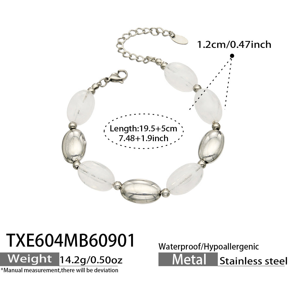 TXE604 White Resin Steel bracelet with oval resin beads, polished stainless steel accents, 19.5+5 cm size and product details