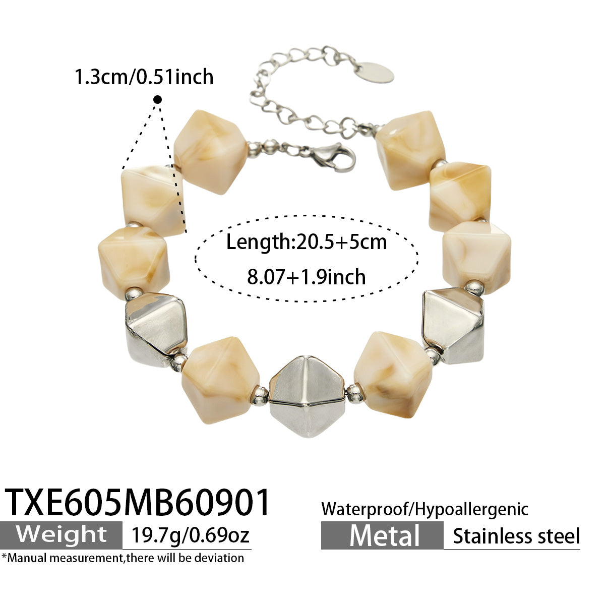 TXE605 Ivory Resin Steel bracelet with faceted square beads, polished 316L stainless steel and size details