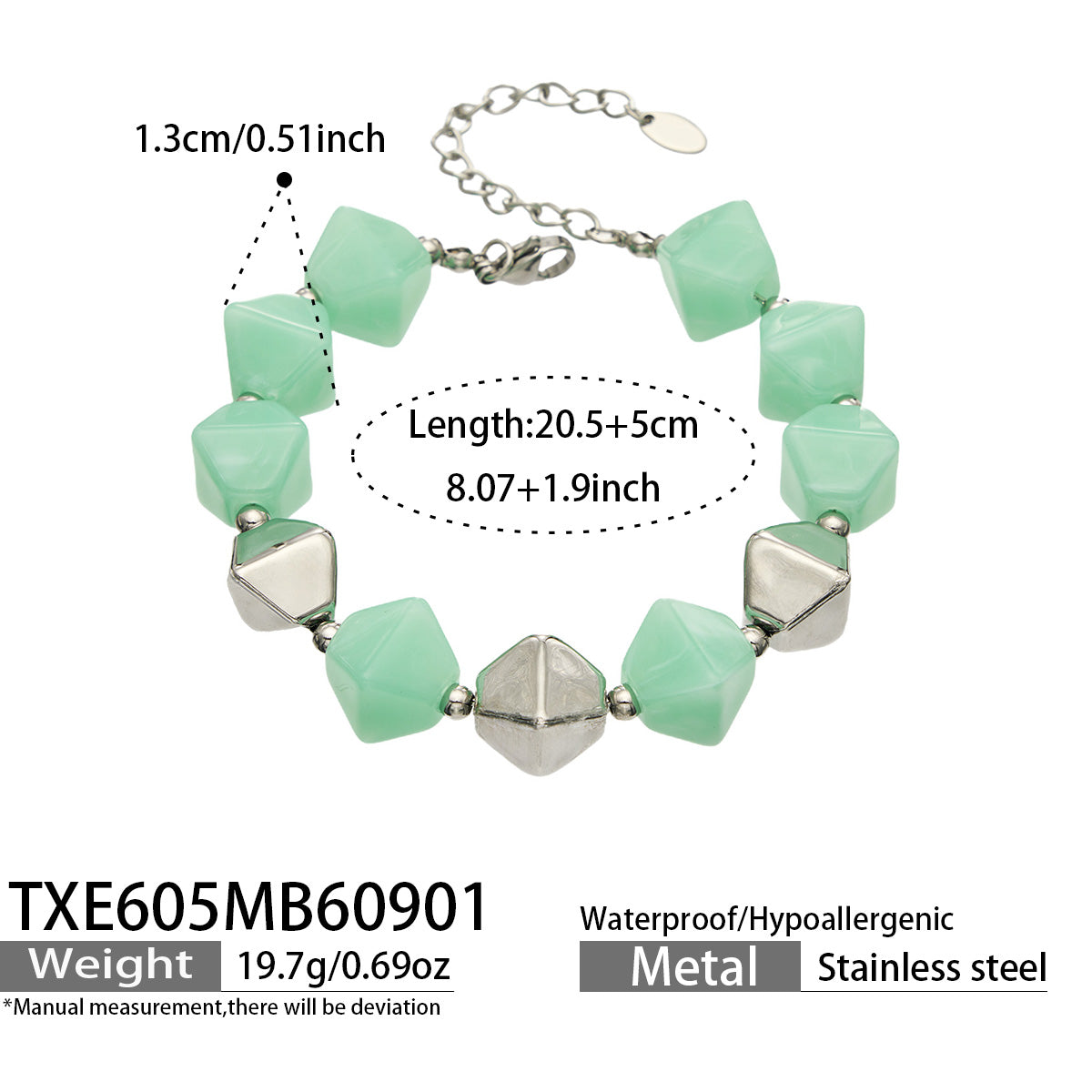 TXE605 Light Green Resin Steel bracelet with square resin beads and polished 316L stainless steel accents