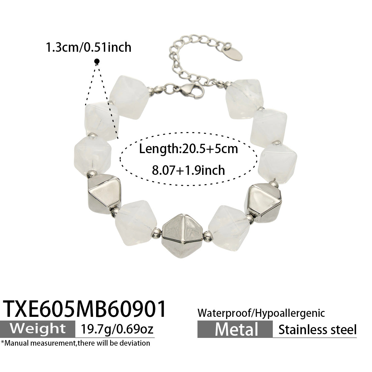 TXE605 White Resin Steel bracelet with faceted square beads and polished 316L stainless steel accents