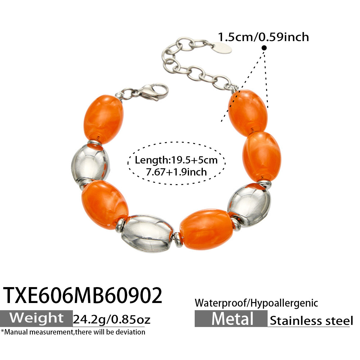 TXE606 Champagne Resin Steel bracelet with resin beads, polished 316L stainless steel accents and 19.5+5 cm size details