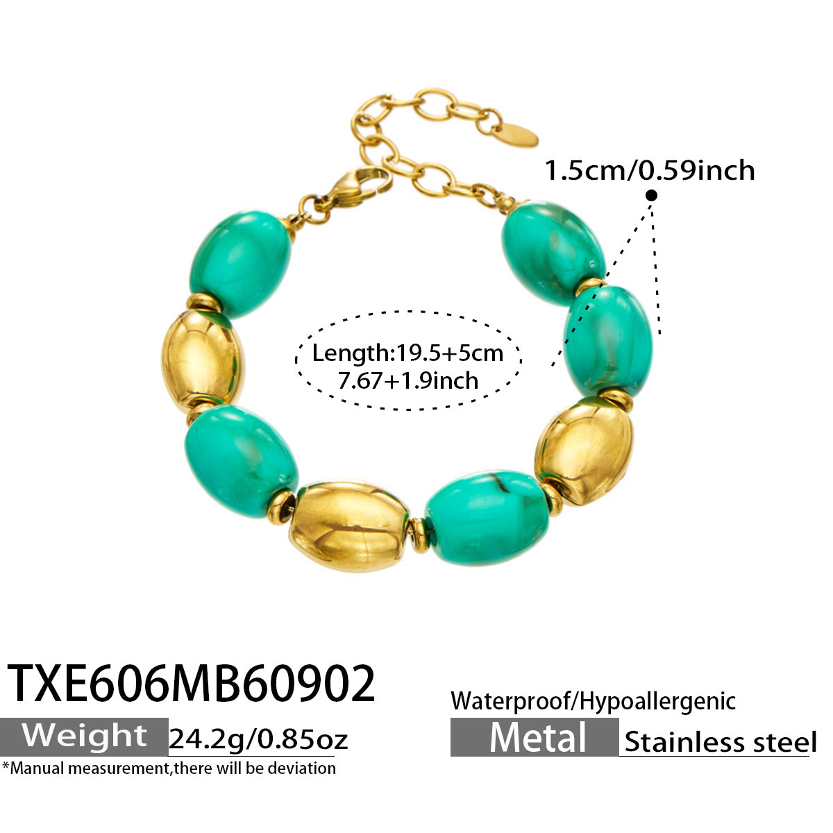 TXE606 Green Resin Gold bracelet with resin beads, 18K PVD gold finish and 19.5+5 cm size details