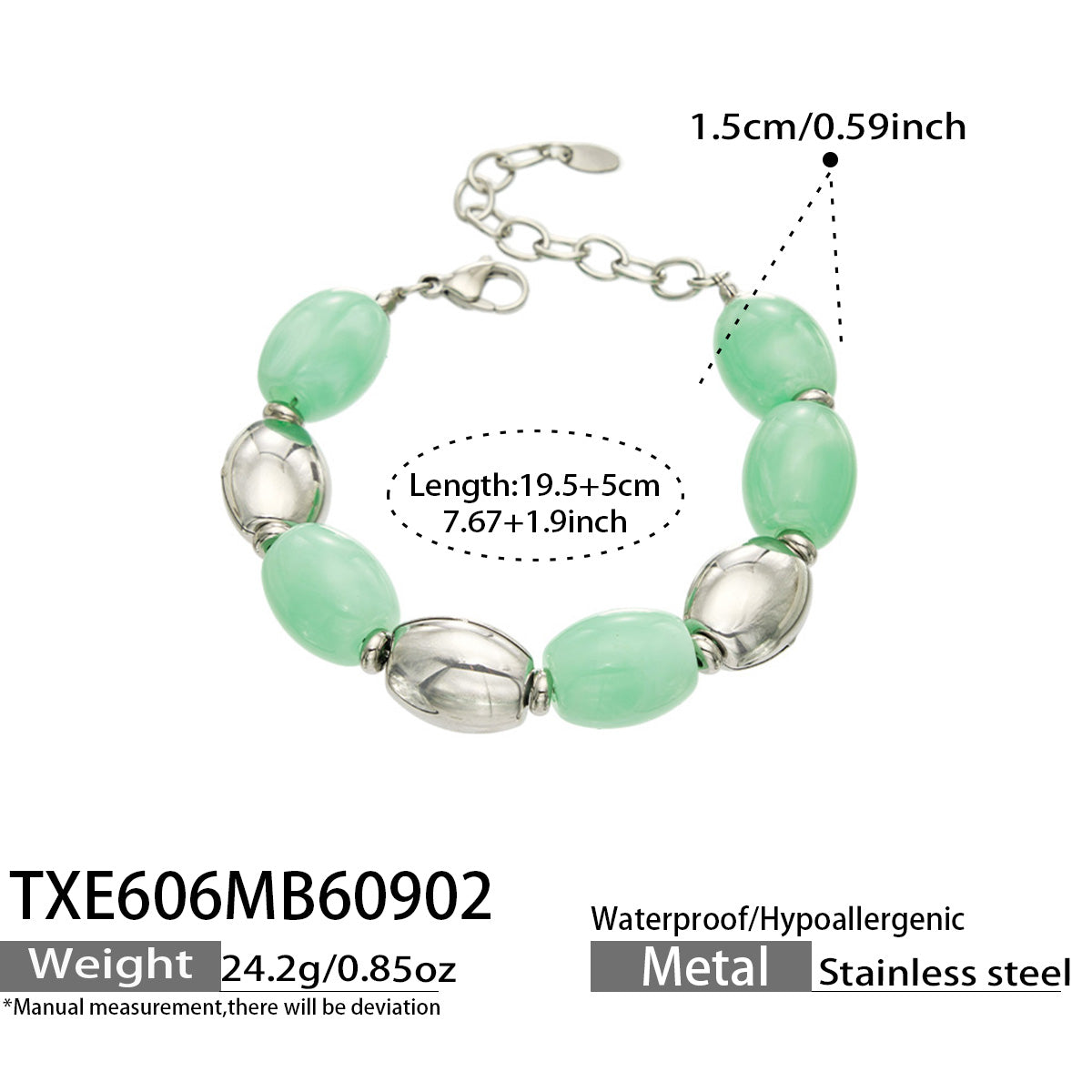 TXE606 Light Green Resin Steel bracelet with resin beads, polished 316L stainless steel accents and 19.5+5 cm size details