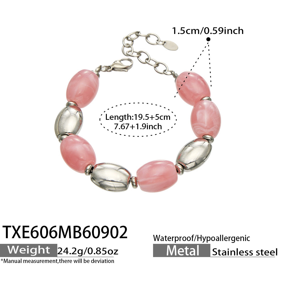 TXE606 Pink Resin Steel bracelet with resin beads, polished 316L stainless steel accents and 19.5+5 cm size details