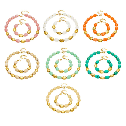 Colorful resin bead necklace and bracelet sets in multiple colorways with 316L stainless steel accents