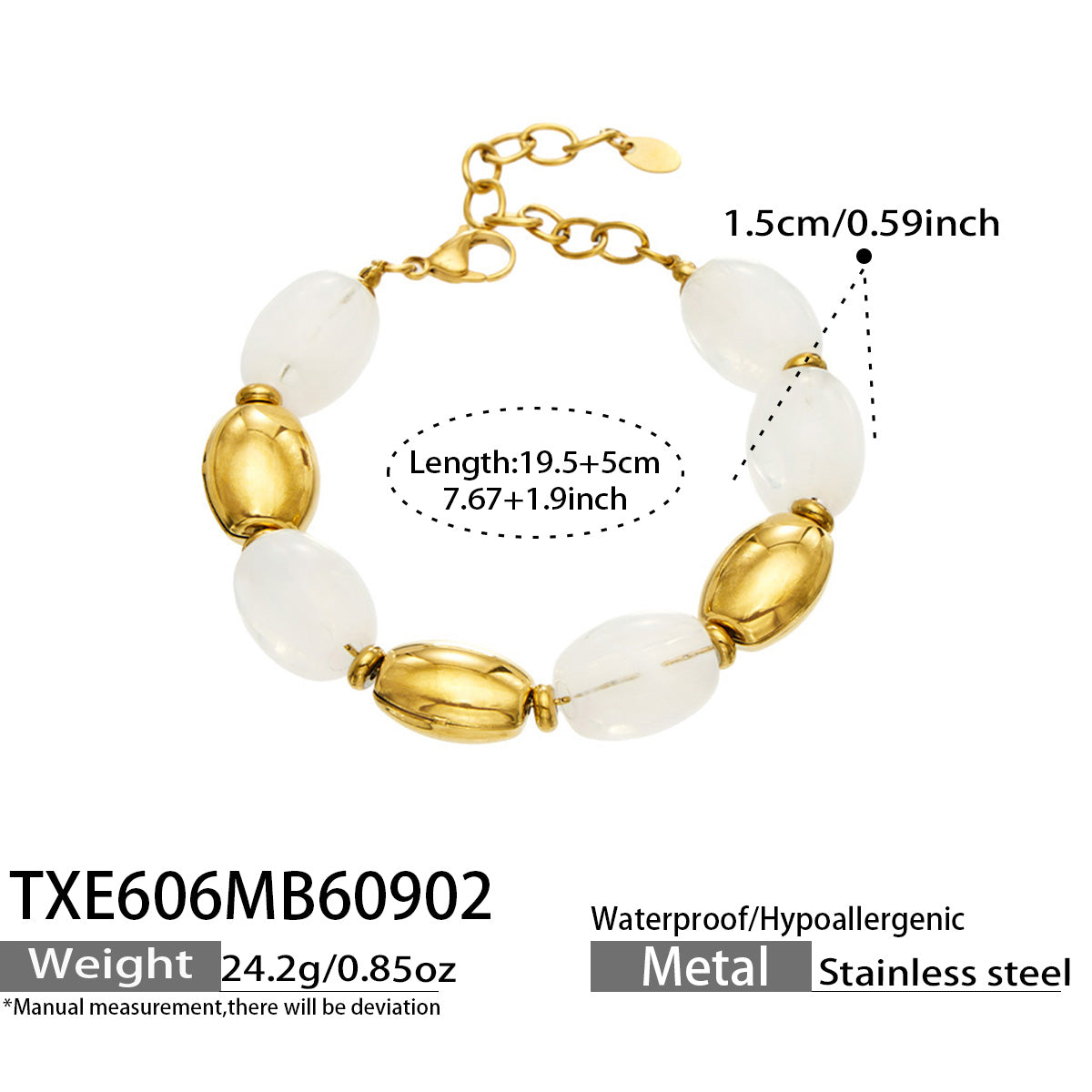 TXE606 White Resin Gold bracelet with resin beads, 18K PVD gold finish and 19.5+5 cm size details