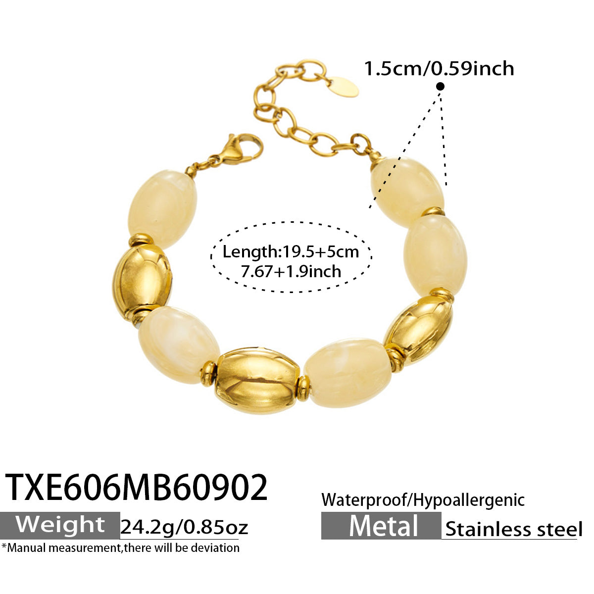 TXE606 Yellow Resin Gold bracelet with resin beads, 18K PVD gold finish and 19.5+5 cm size details