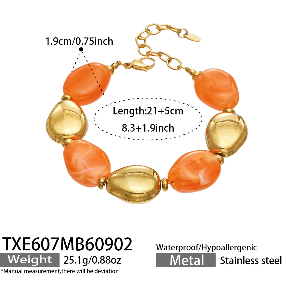 TXE607 Champagne Resin Gold bracelet with orange-toned beads, 18K PVD gold accents and 21+5 cm adjustable length shown on a product size card