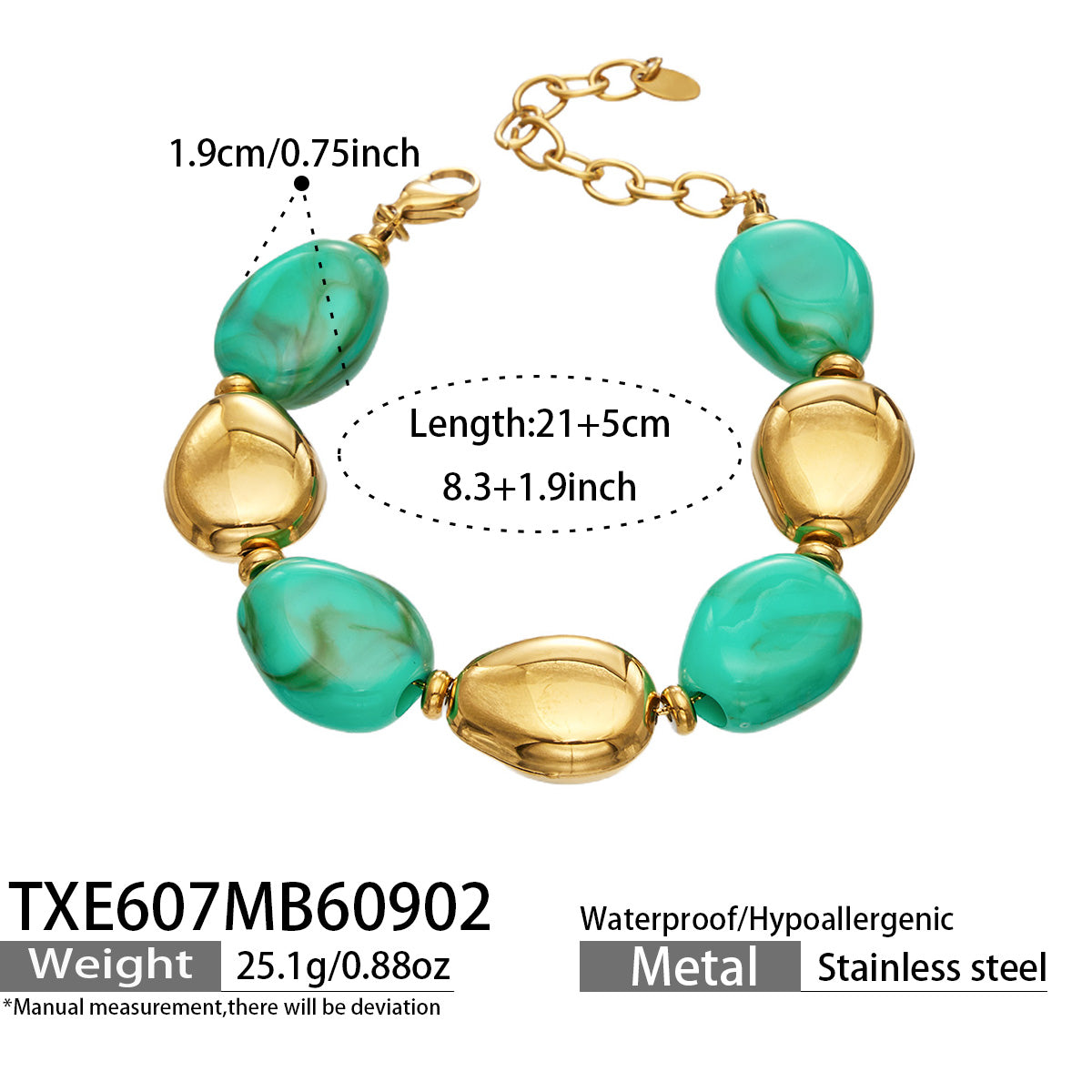 TXE607 Green Resin Gold bracelet, 18K PVD gold accents and 21+5 cm adjustable length shown on a product size card