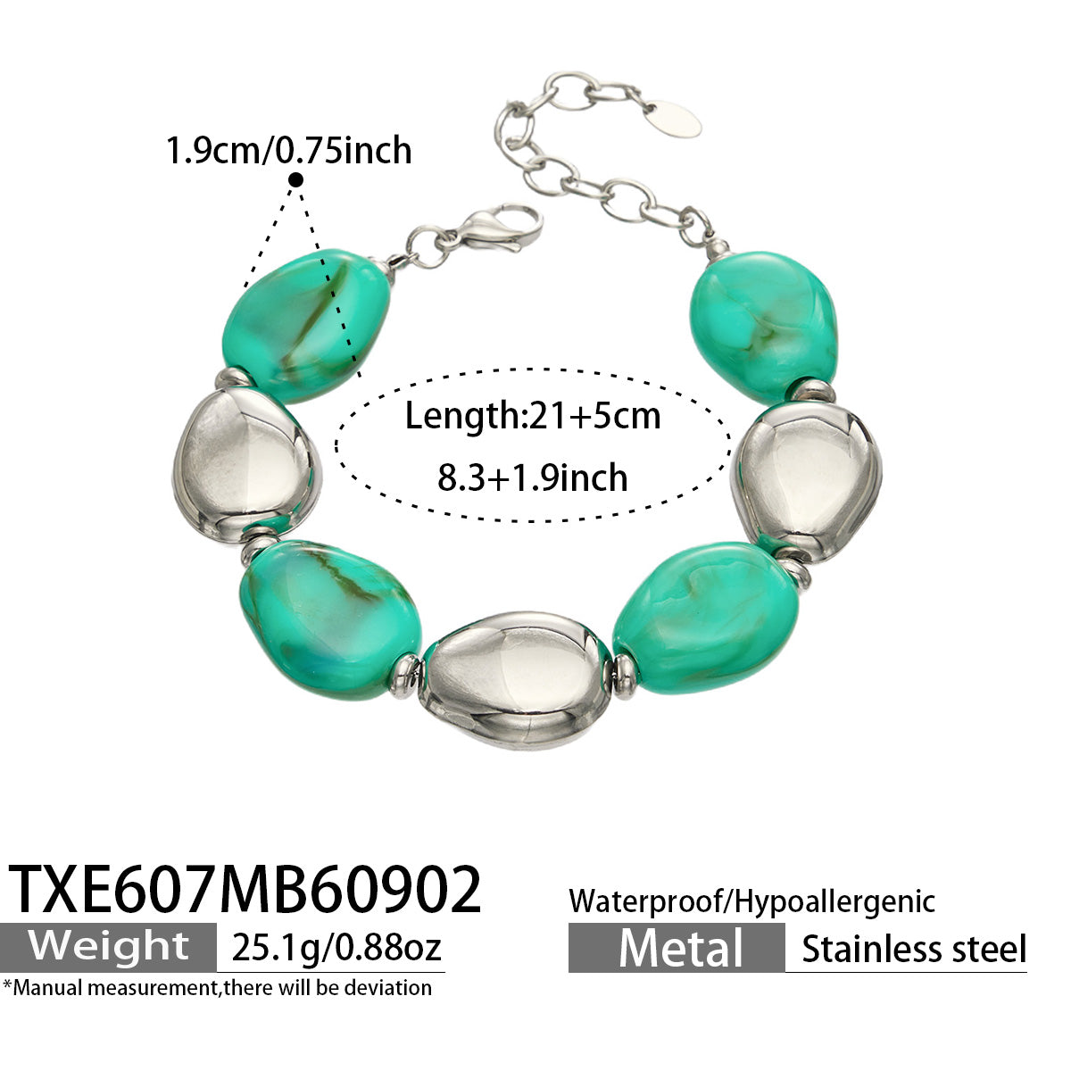 TXE607 Green Resin Steel bracelet, polished stainless steel accents and 21+5 cm adjustable length shown on a product size card