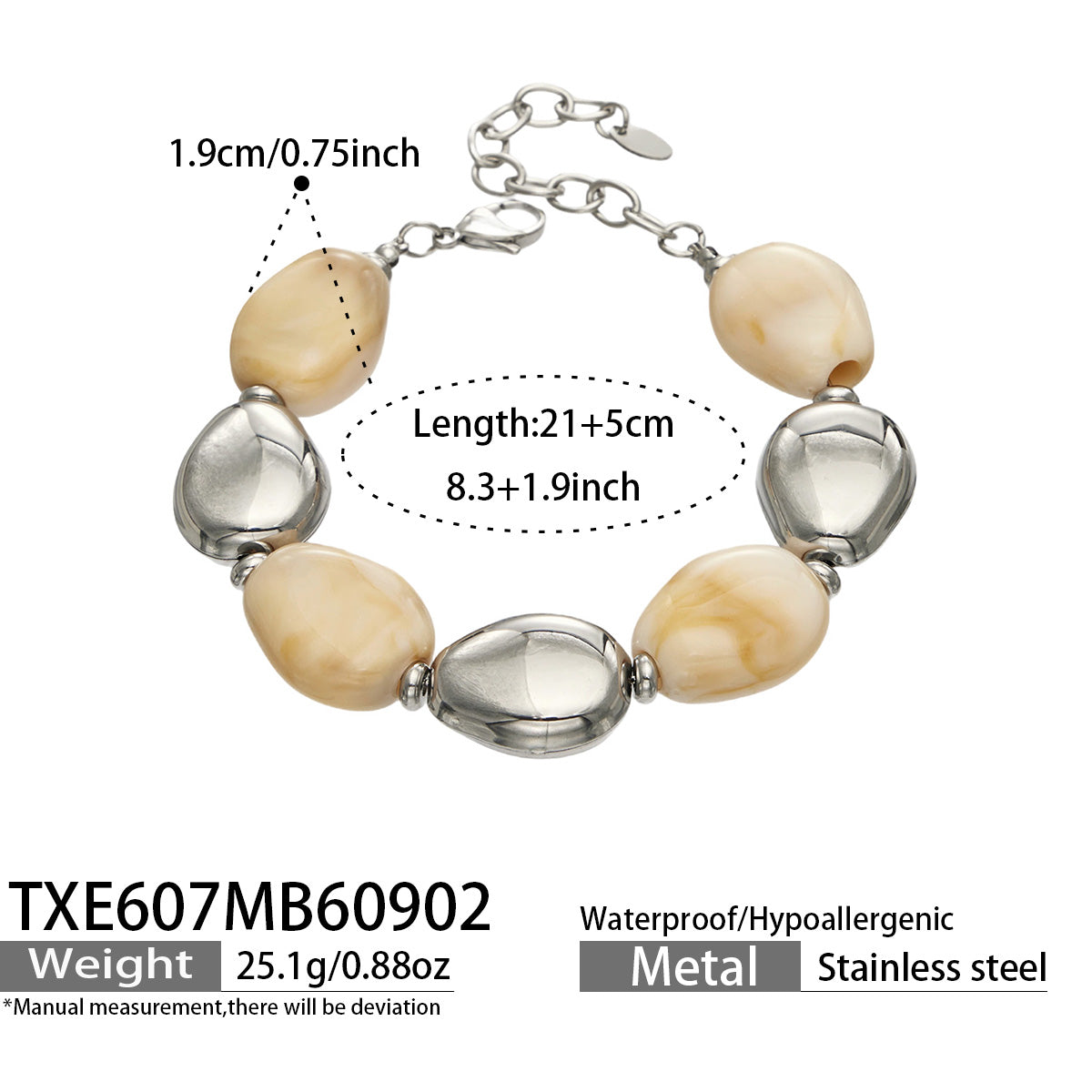 TXE607 Ivory Resin Steel bracelet, polished stainless steel accents and 21+5 cm adjustable length shown on a product size card