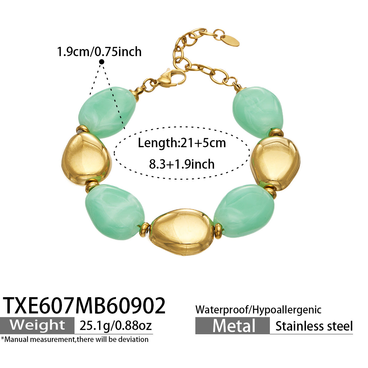 TXE607 Light Green Resin Gold bracelet, 18K PVD gold accents and 21+5 cm adjustable length shown on a product size card