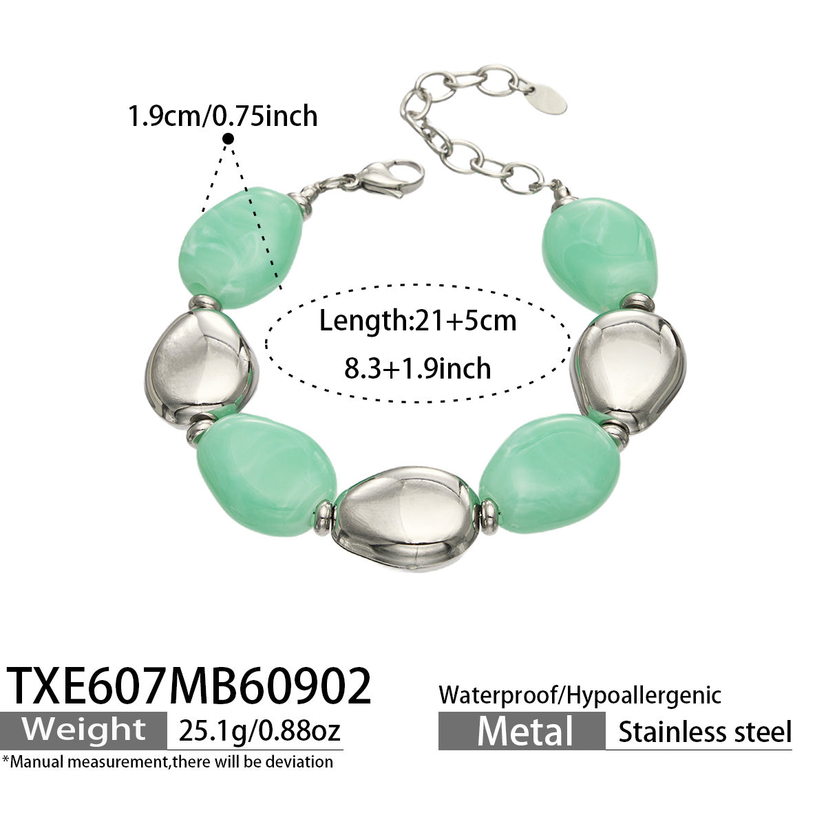 TXE607 Light Green Resin Steel bracelet, polished stainless steel accents and 21+5 cm adjustable length shown on a product size card