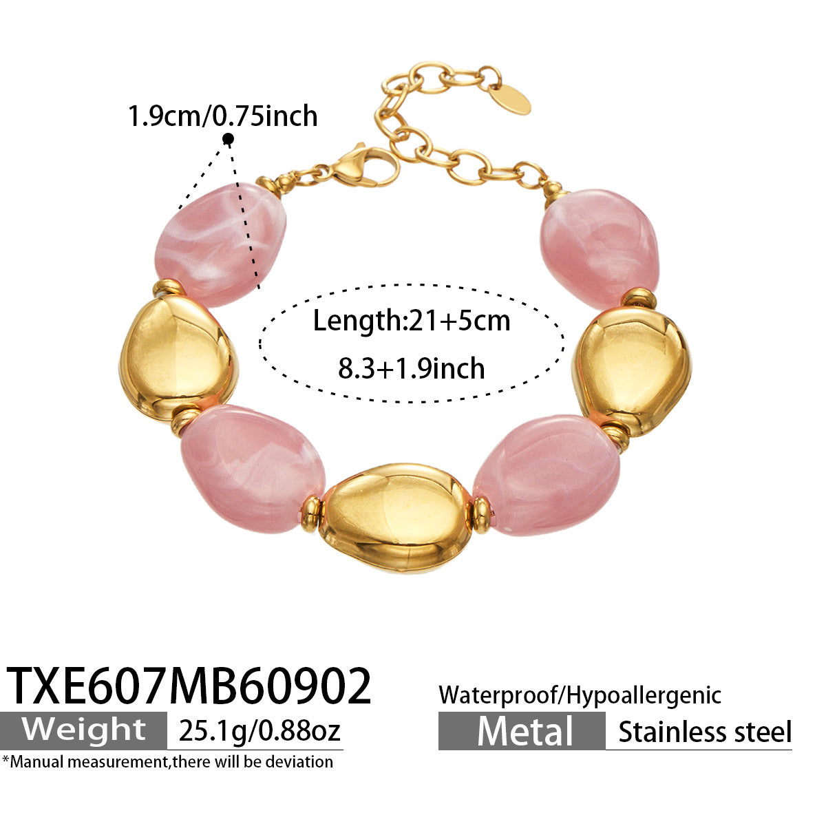 TXE607 Pink Resin Gold bracelet, 18K PVD gold accents and 21+5 cm adjustable length shown on a product size card