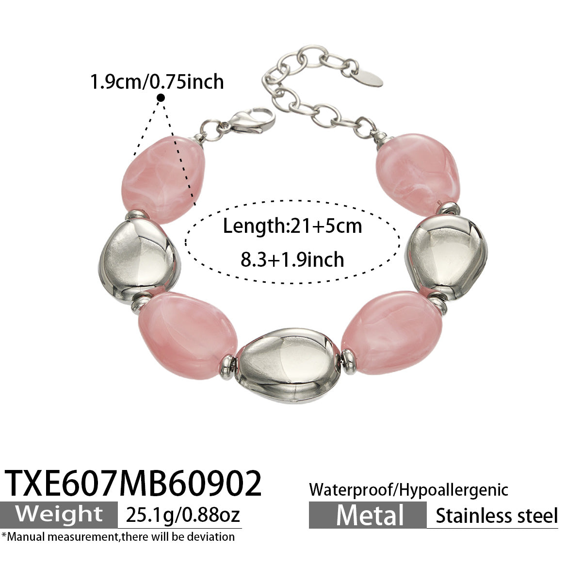 TXE607 Pink Resin Steel bracelet, polished stainless steel accents and 21+5 cm adjustable length shown on a product size card