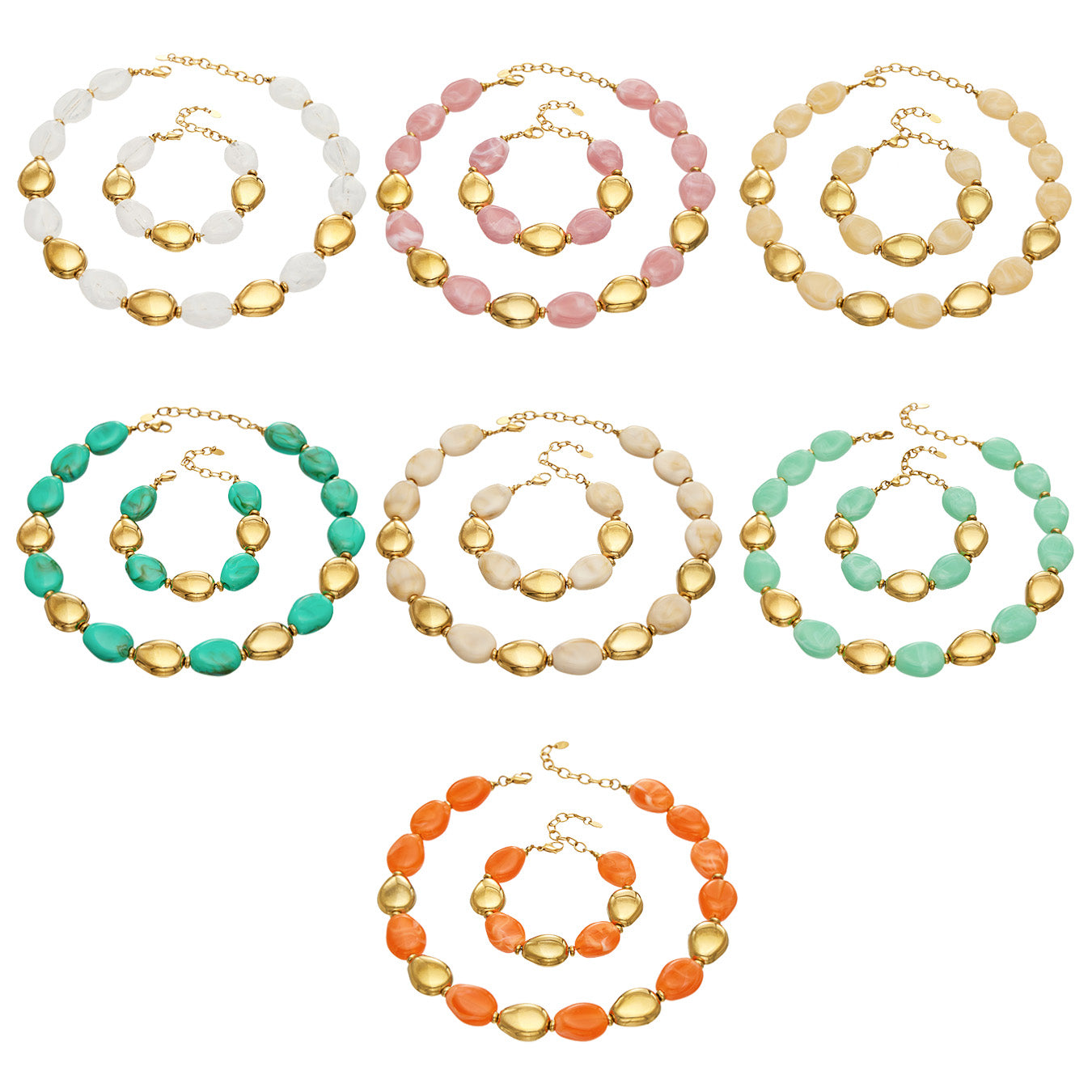 Matching oval resin bead necklaces and bracelets in seven colorways with polished gold-tone stainless steel accents on a white background