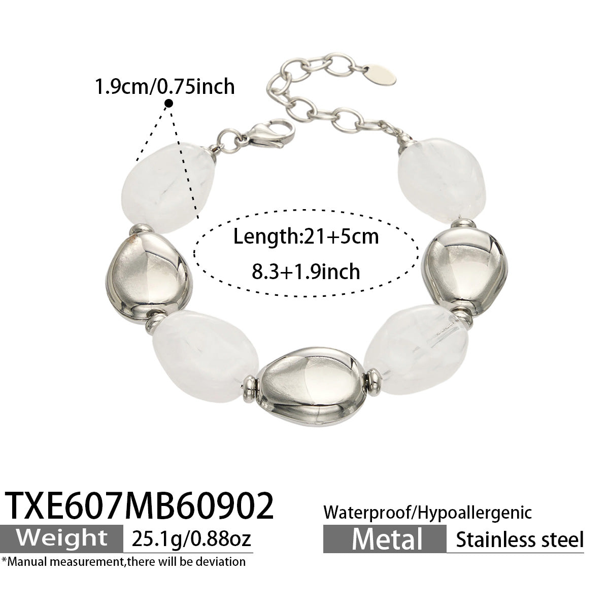TXE607 White Resin Steel bracelet, polished stainless steel accents and 21+5 cm adjustable length shown on a product size card
