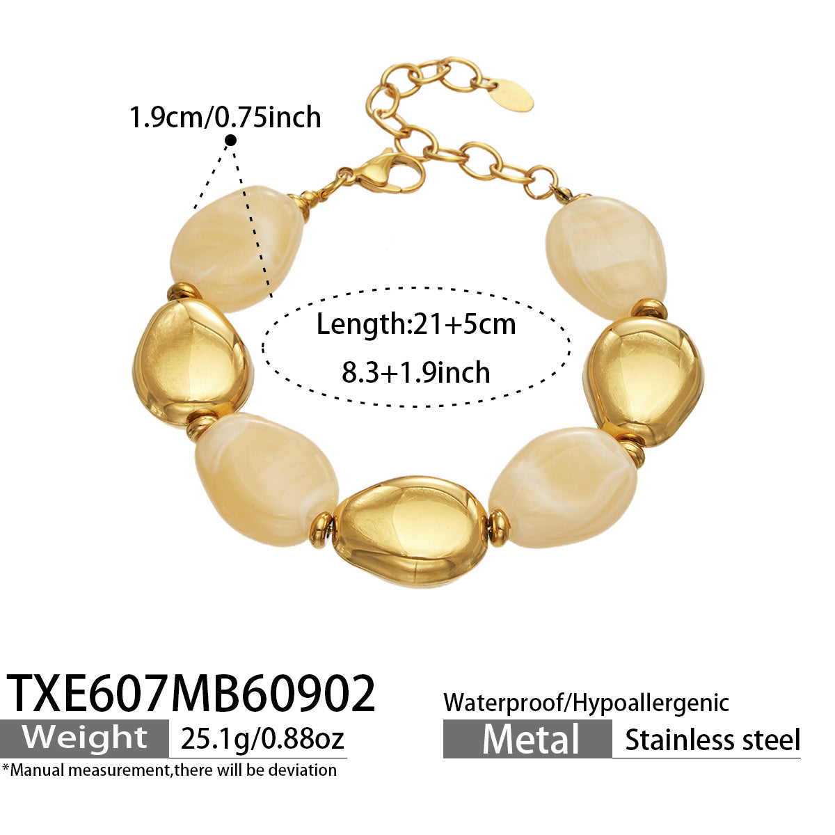 TXE607 Yellow Resin Gold bracelet, 18K PVD gold accents and 21+5 cm adjustable length shown on a product size card