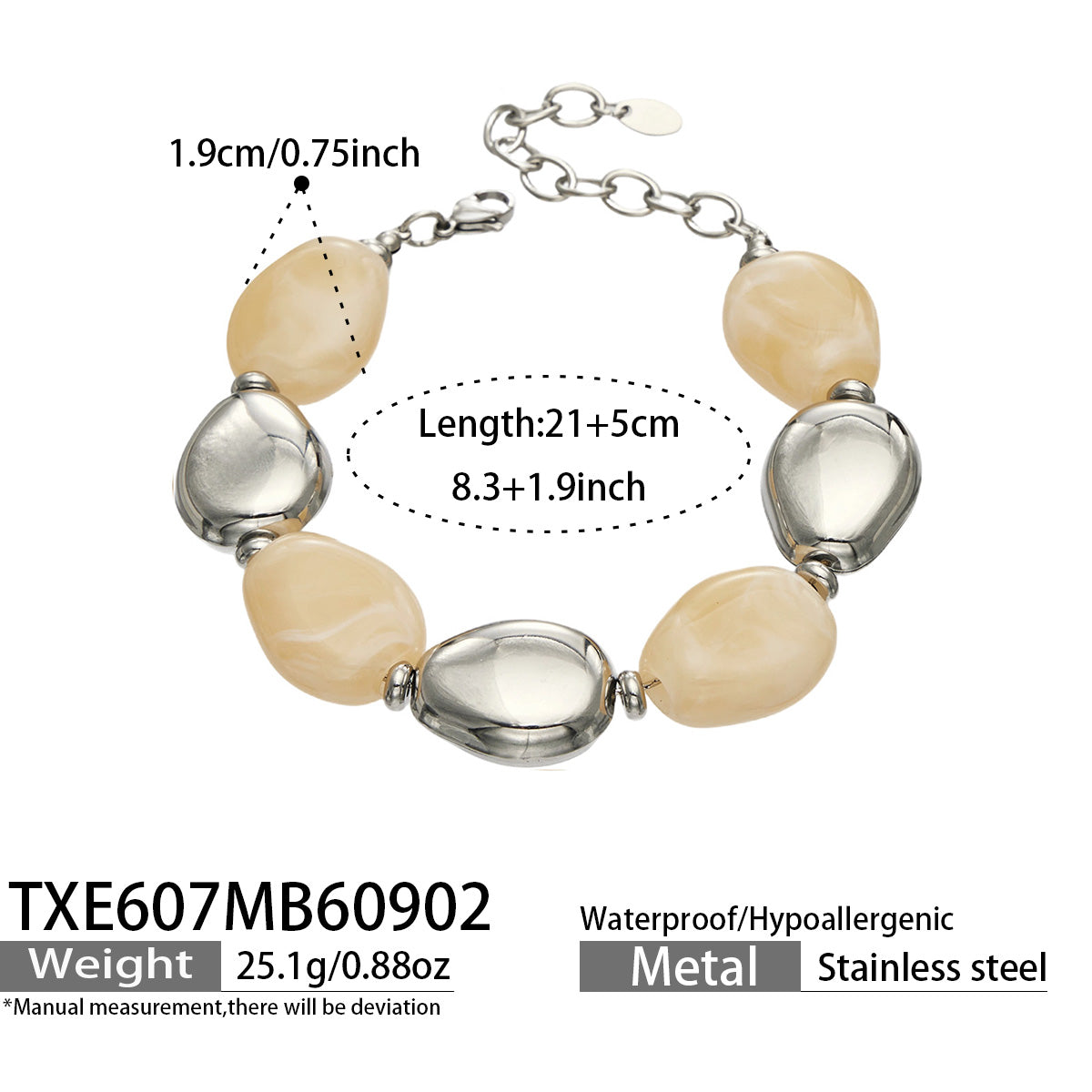TXE607 Yellow Resin Steel bracelet, polished stainless steel accents and 21+5 cm adjustable length shown on a product size card