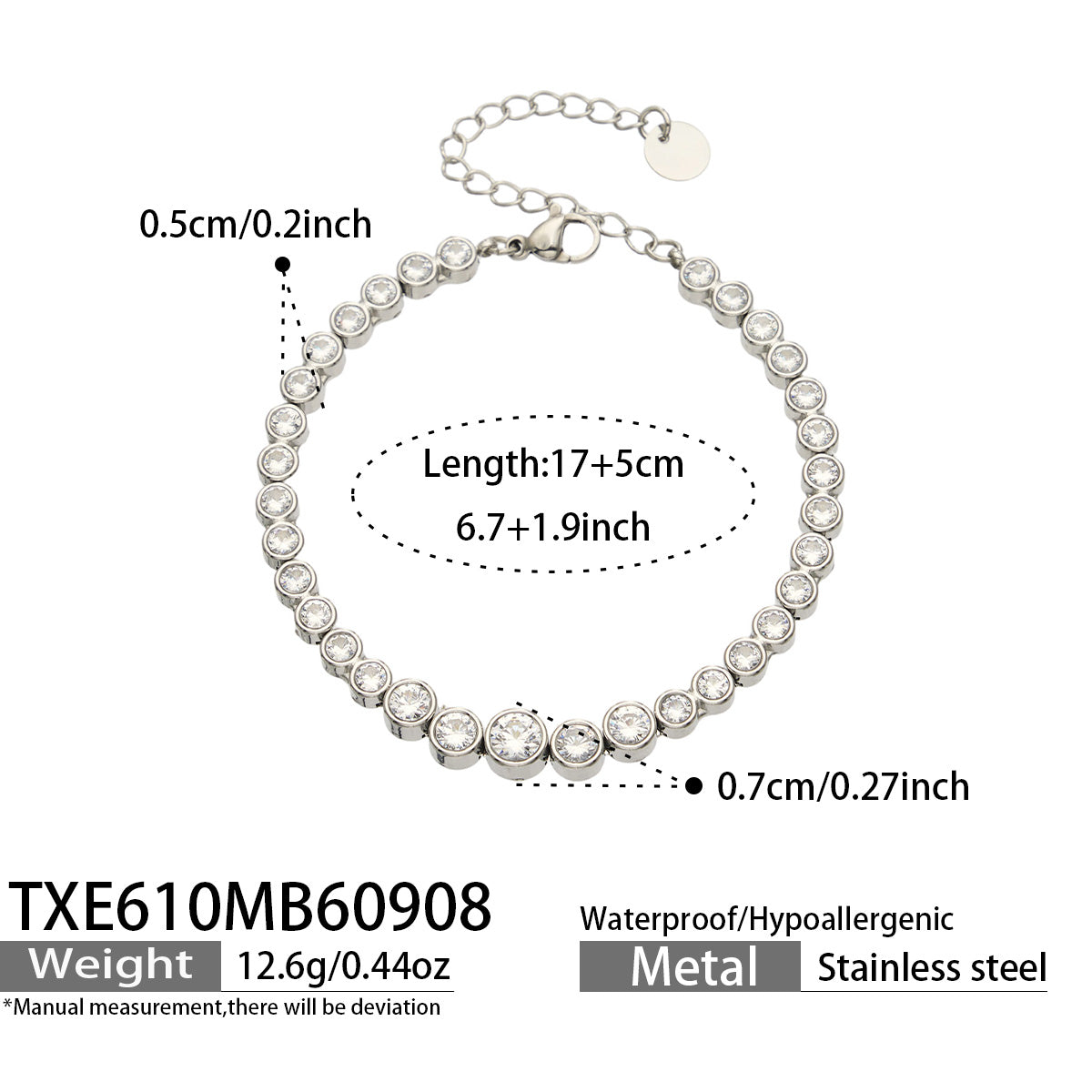 TXE610A002 white zircon steel-tone bracelet, 17+5 cm, size details