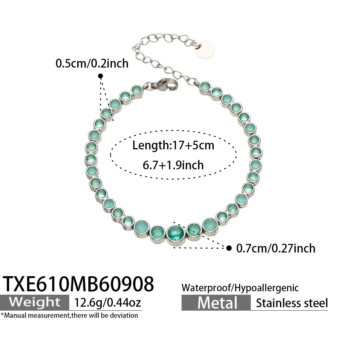TXE610A003 green zircon steel-tone bracelet, 17+5 cm, size details