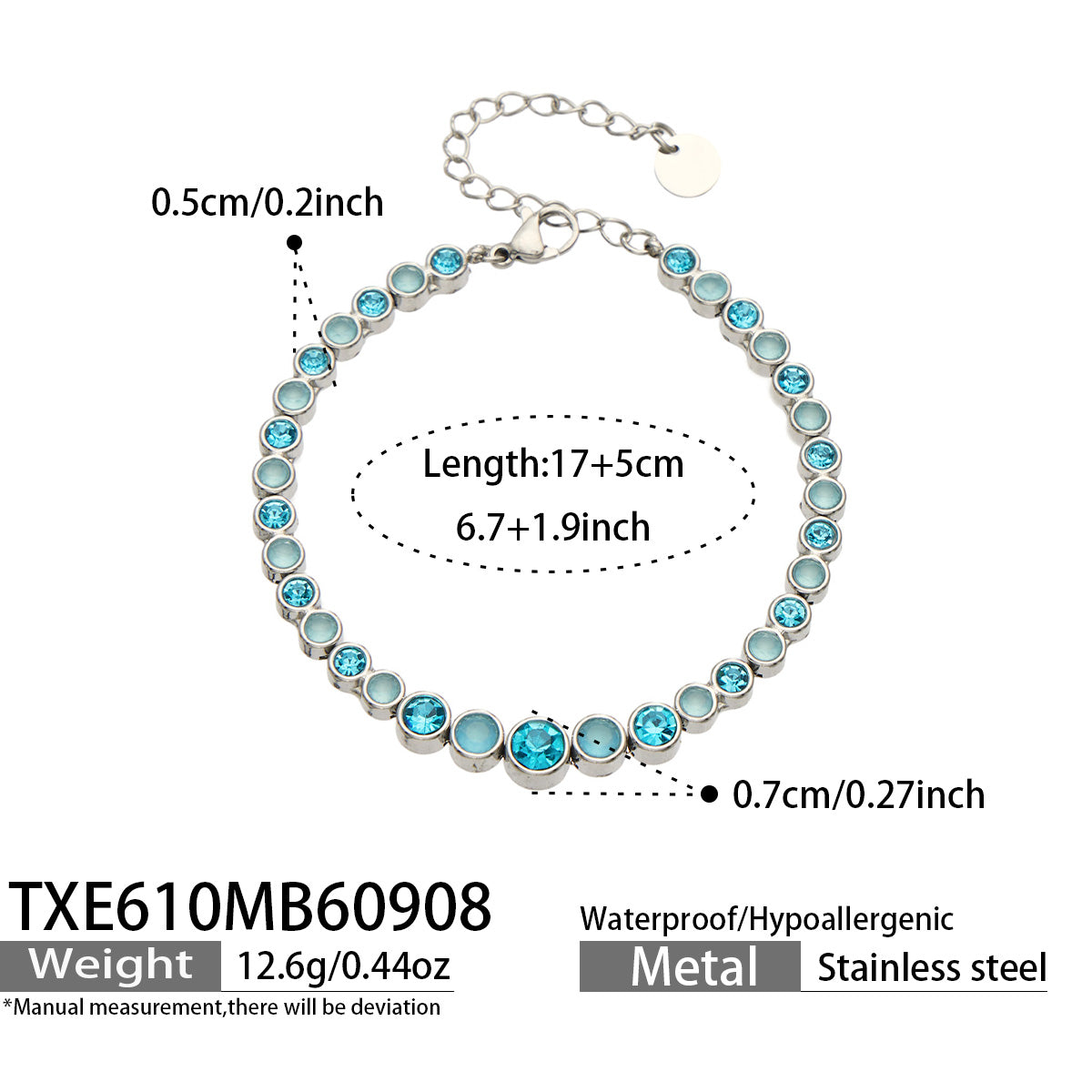 TXE610A005 blue zircon steel-tone bracelet, 17+5 cm, size details