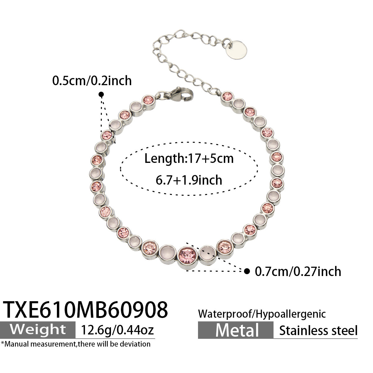 TXE610A006 pink zircon steel-tone bracelet, 17+5 cm, size details
