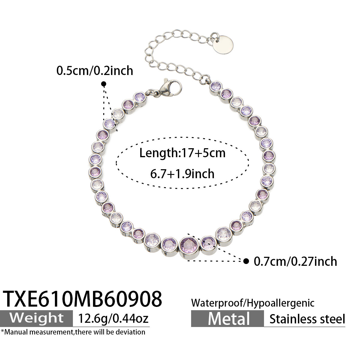 TXE610A010 purple zircon steel-tone bracelet, 17+5 cm, size details