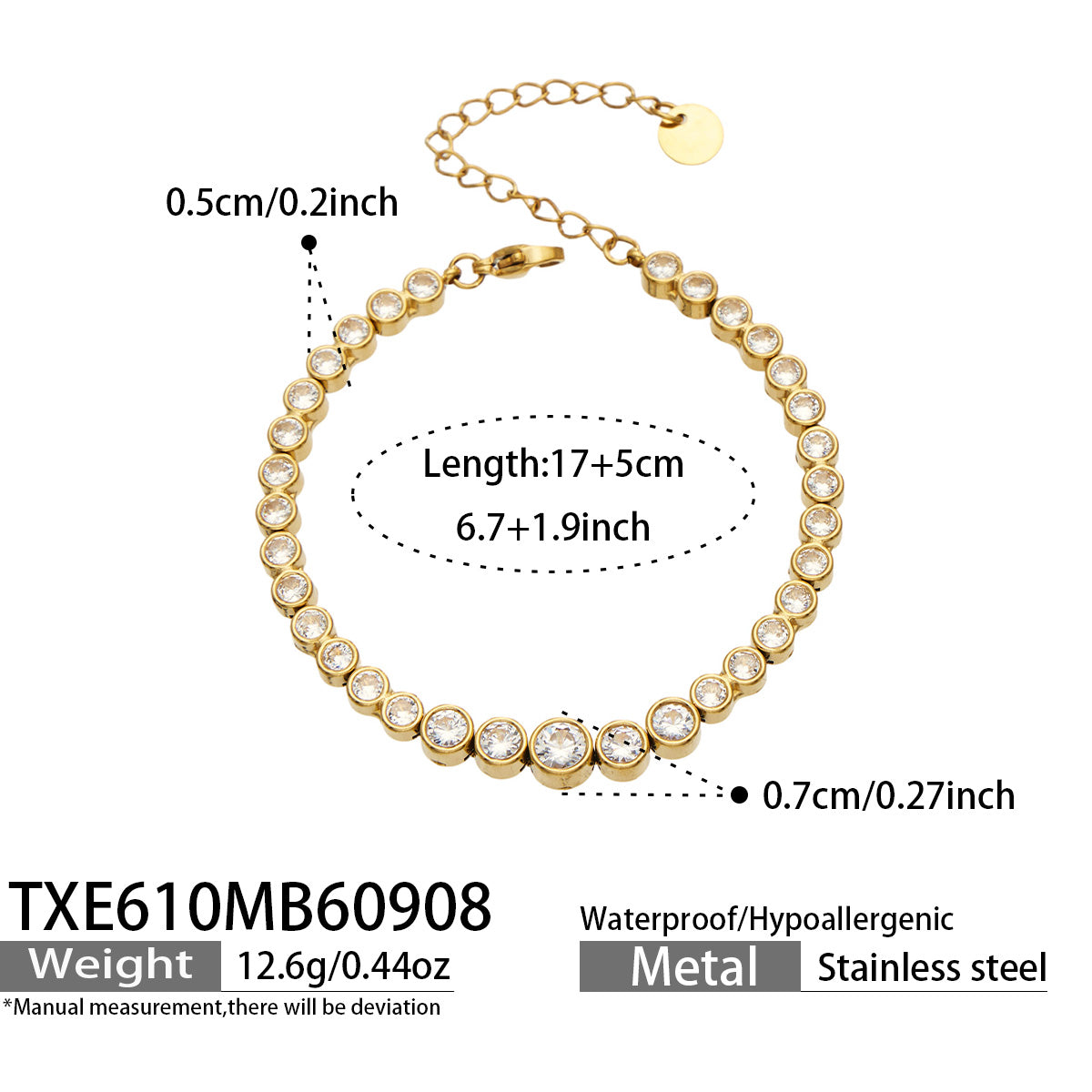 TXE610B002 white zircon gold-tone bracelet, 17+5 cm, size details