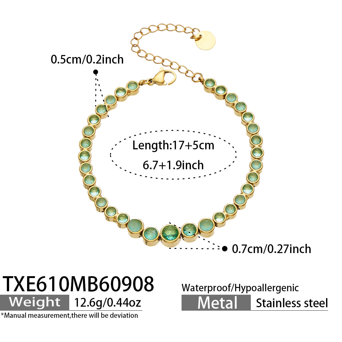 TXE610B003 green zircon gold-tone bracelet, 17+5 cm, size details