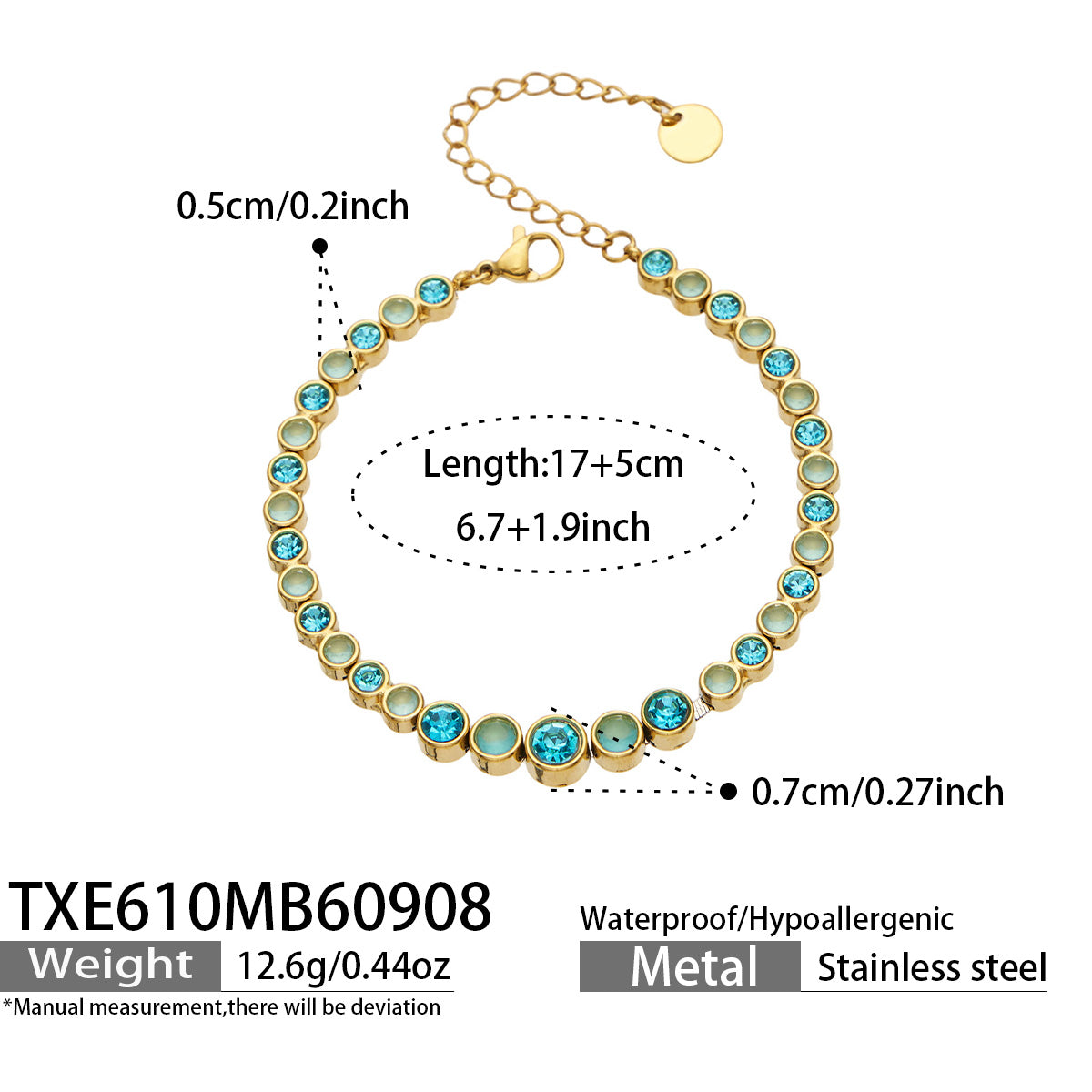 TXE610B005 blue zircon gold-tone bracelet, 17+5 cm, size details