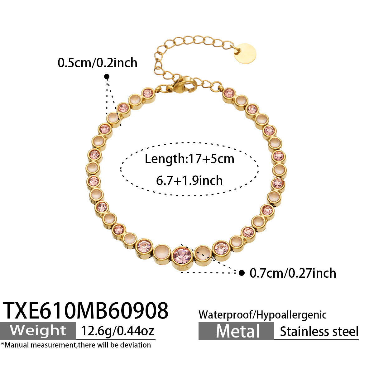 TXE610B006 pink zircon gold-tone bracelet, 17+5 cm, size details