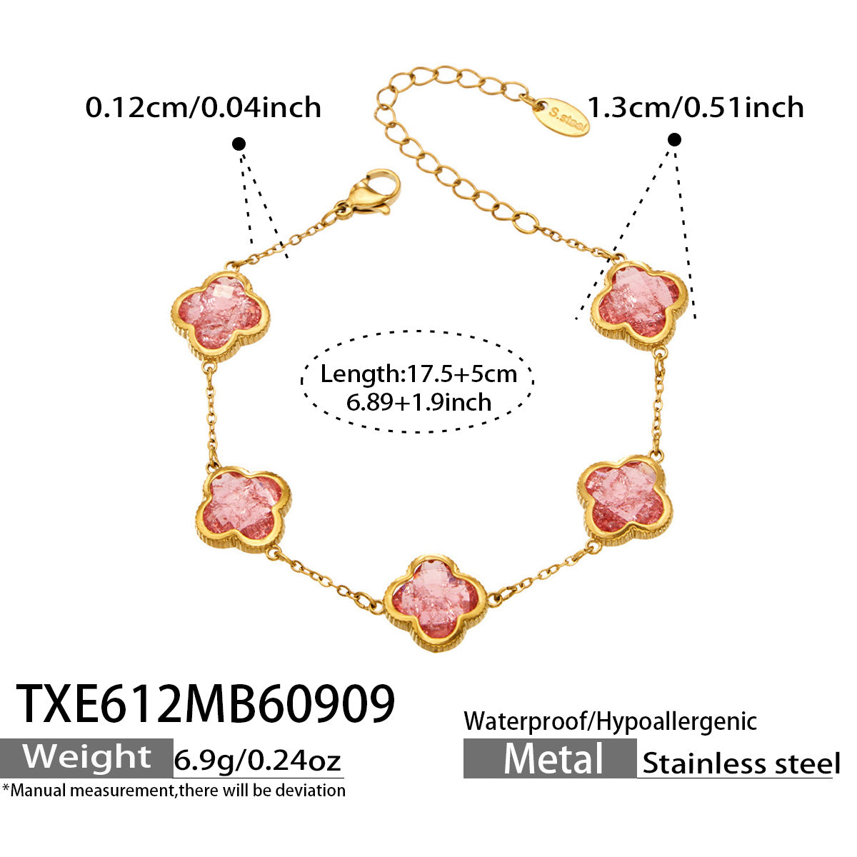 TXE612 deep pink zircon bracelet size details, 17+5 cm